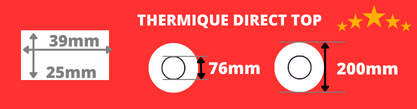 Rouleau d'étiquettes blanche 39x25mm thermique direct de qualité mandrin 76mm, diamètre de la bobine 200mm