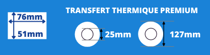 Rouleau d'étiquettes blanche 76x51mm pour imprimante transfert thermique avec mandrin de 25mm, diamètre de la bobine 127mm